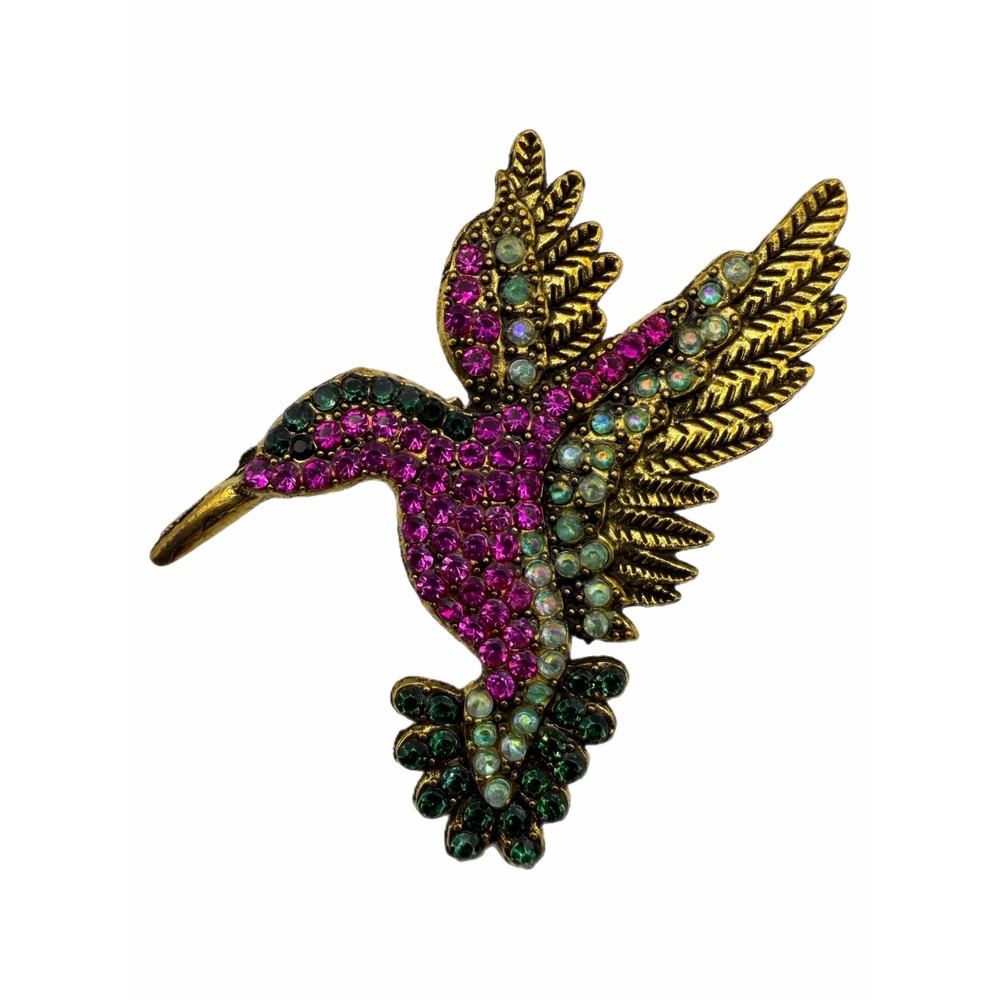 Vintage Style Hummingbird Brooch Pink Green Rhinestone Gold Tone Bird Pin